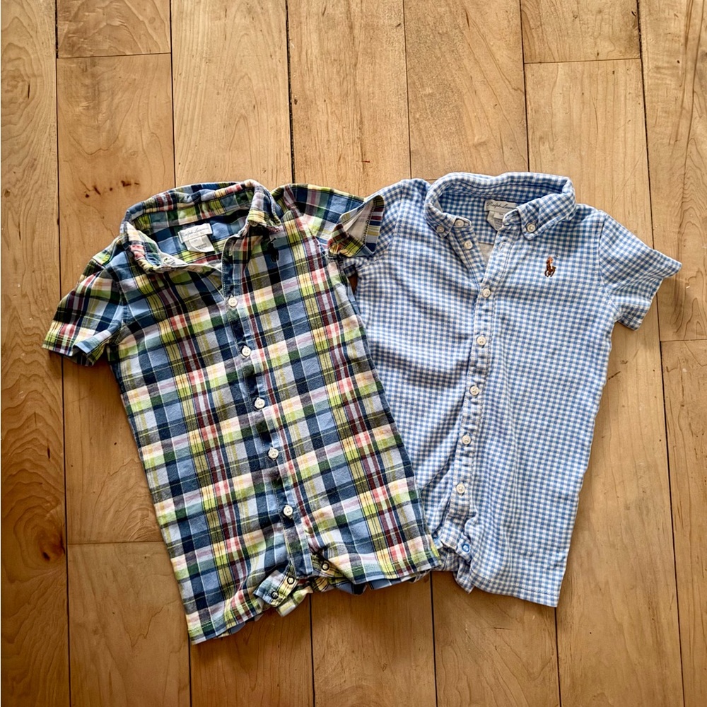 Ralph Lauren Boys 18M Romper Set Plaid Gingham Short Sleeve Button Down Lot 2